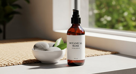 amber serum bottle with label, stones in a bowl, and leaves displayed on a bright window sill setting This image features a transparent background, making it versatile for various design projects.の素材