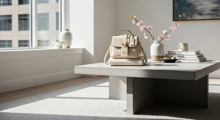 a beige purse sits on a cushion on a coffee table in a bright, modern living room with natural light This image features a transparent background, making it versatile for various design projects.の素材