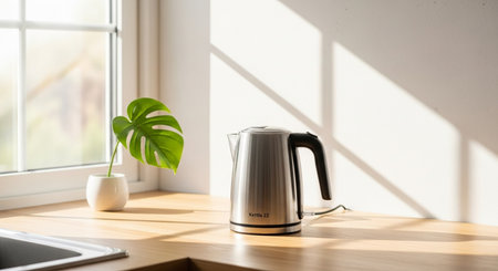 a stainless steel kettle sits on a wood counter next to a window with a plant in a white pot. This image features a transparent background, making it versatile for various design projects.の素材