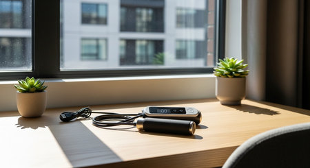 jump rope on a desk by a window with succulents, showing an apartment building outside in the daytime light This image features a transparent background, making it versatile for various design projects.の素材