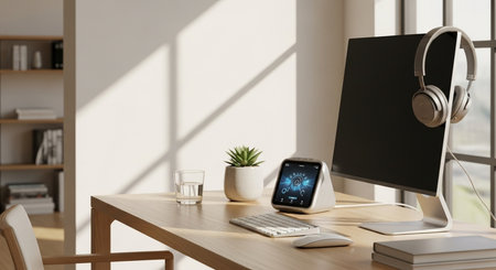 Workplace with computer and headphones on table in modern office. 3D renderingの素材