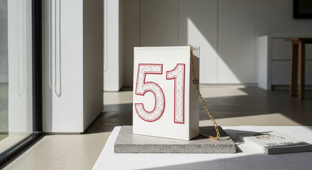 a white purse with the number fifty one on it sits on a concrete block in a modern interior settingの素材