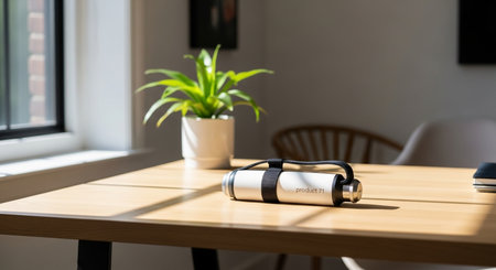 a product sits on a wooden table with a plant nearby in a bright room with a window in the backgroundの素材