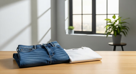 folded jeans and a white shirt are placed on a table in a room with plants and a window behind themの素材