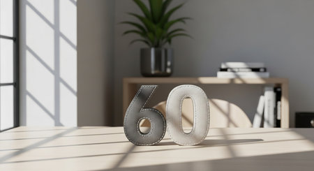 the image shows the number sixty sitting on a table in front of a plant and a shelf in a bright roomの素材