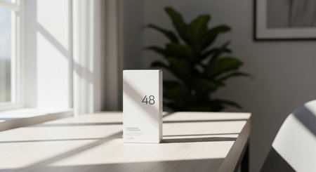 a white box with the number forty eight is on a table near a window with a plant in the backgroundの素材