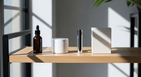 a collection of skincare items on a wooden shelf with sunlight streaming through a nearby window frame.の素材