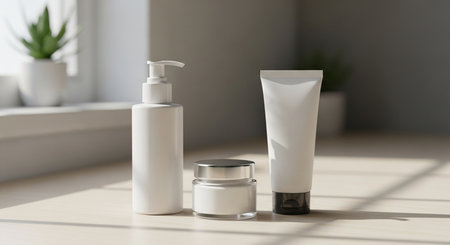 three white containers sit on a counter in the sunlight with a plant in the background, clean and minimalの素材