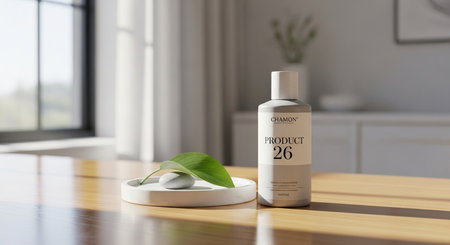 a bottle of product with a leaf and stone on a tray, sitting on a wooden table in a bright, modern roomの素材