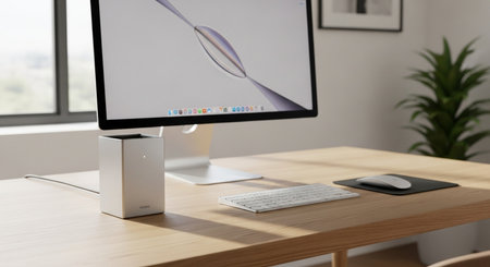 a modern desk with a computer, keyboard, mouse, and plant creating a clean and minimalist workspace setupの素材