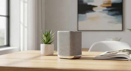 a speaker and a succulent are on a wooden table with a magazine and a painting in the background light and brightの素材
