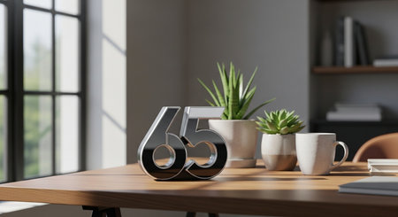a bright office setting with a wooden desk, plants, a mug, and a sixty five decoration on the tableの素材