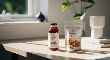 a bottle and bag of product on a table with natural light shining through a window in a bright settingの素材
