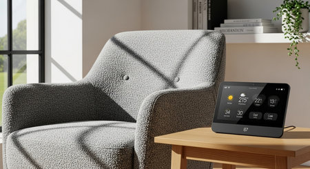a comfortable armchair sits next to a smart display showing weather information in a modern living roomの素材