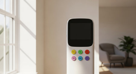 a sleek white device with a black screen and colorful buttons sits in a bright, modern room settingの素材