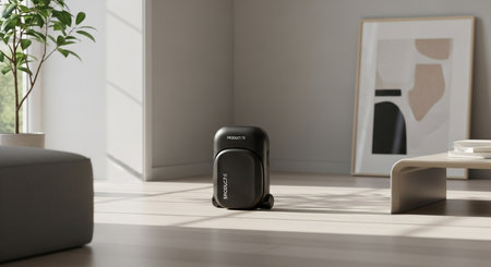 a sleek portable vacuum cleaner is showcased in a brightly lit modern living room with minimalist decorationの素材