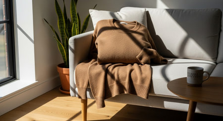 a tan sweater and blanket are draped on a white couch with a plant and mug in a sunlit room indoorsの素材