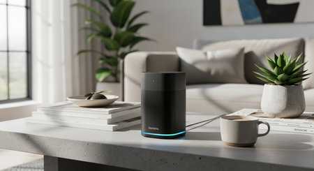 a sleek smart speaker sits on a coffee table in a bright living room, creating a modern and inviting spaceの素材