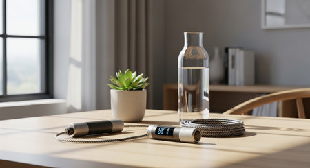a bright room featuring a jump rope, water bottle, and plant on a table near a window for a healthy lifestyleの素材