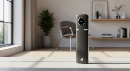 a modern air purifier stands on a surface in a bright room, enhancing air quality and interior aestheticsの素材