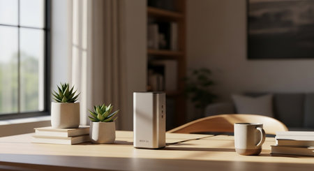 a bright modern interior with plants, a router, and a mug on a wooden table near a window in a cozy homeの素材