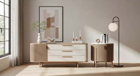 a modern interior featuring a sideboard, side table, lamp, and artwork, creating a stylish living spaceの素材