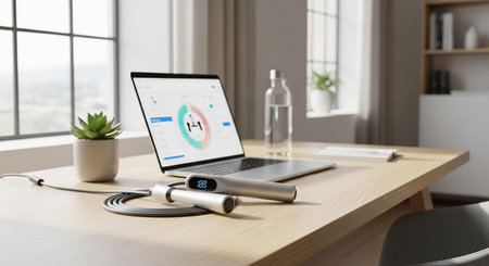 a jump rope and laptop sit on a desk, accompanied by a water bottle and plant in a bright office spaceの素材