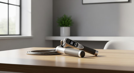 a digital jump rope sits on a wooden table in a bright room with a plant and a window nearbyの素材