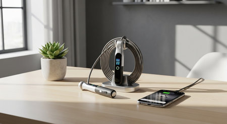 a digital jump rope on a stand with a charging phone and a succulent plant on a table near a windowの素材