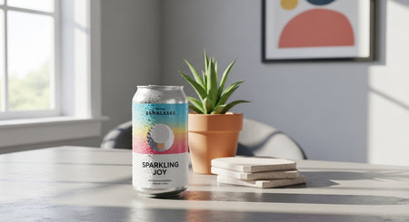 a can of sparkling joy sits on a table with a plant and coasters, bathed in soft, natural light indoorsの素材