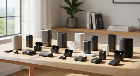 a collection of earbuds and speakers displayed on a wooden table, showcasing a range of audio technology.の素材