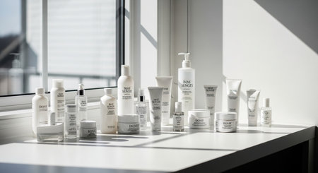 a collection of white cosmetic bottles and jars arranged on a bright surface near a window, clean lookの素材