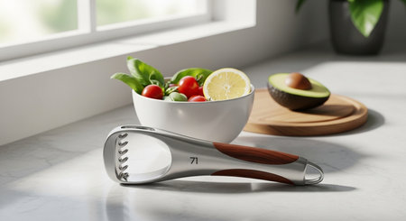 a bright kitchen scene featuring a salad bowl, avocado, and a utensil on a clean, white countertopの素材