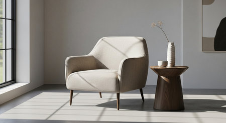 a modern beige armchair sits next to a side table with decor in a bright, minimalist interior setting.の素材