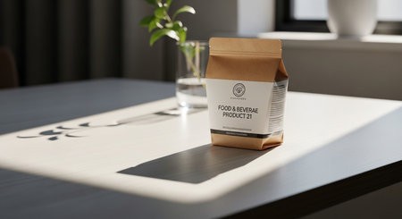 a product package sits on a white table with a plant and vase, lit by natural light from a windowの素材