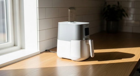 a two toned air fryer sits on a wooden countertop next to a window in a bright and modern kitchen spaceの素材