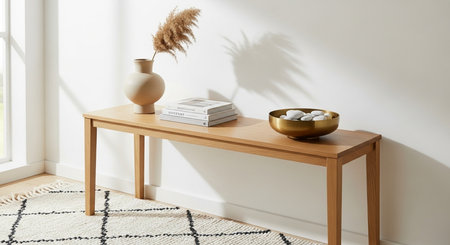 a bright room features a wooden console table with decor items against a white wall and patterned rug near doorの素材