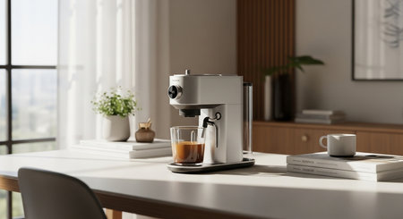 a bright modern scene with a white coffee machine brewing coffee into a glass on a white table indoorsの素材