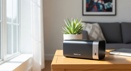 a product sits on a wooden table with a plant, near a window and a sofa in the background indoorsの素材
