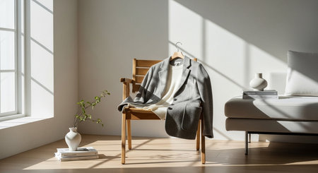a gray blazer and white sweater are draped on a wooden chair in a minimalist room with sunlight streaming inの素材