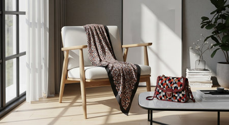 a stylish interior featuring a chair with a scarf and a handbag on a marble table in a well lit roomの素材