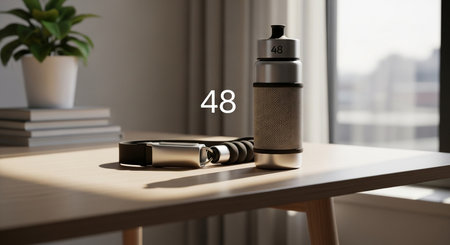 a water bottle and jump rope sit on a table with a plant and books in the background near a bright windowの素材