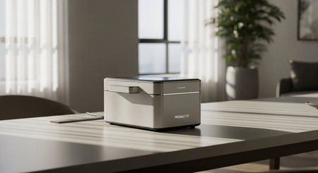 a product box sits on a table in a bright room with a plant and window in the background, clean and modernの素材