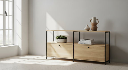 a bright room features a wooden cabinet adorned with decor, creating a minimalist and stylish interior lookの素材