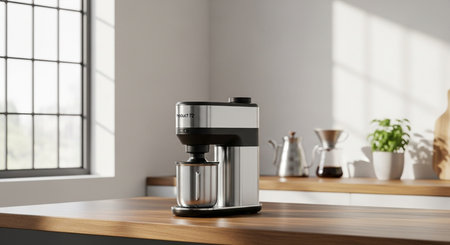 a sleek stainless steel mixer sits on a wooden counter, bathed in soft light from a nearby window.の素材