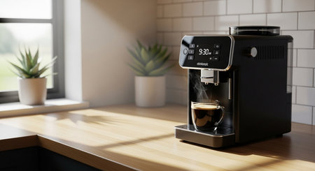 a black coffee maker is brewing coffee into a glass cup on a wooden countertop near a bright windowの素材