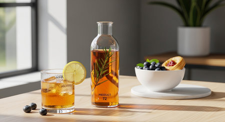 a refreshing iced tea with lemon, a bottle with rosemary, and a bowl of fruit on a light wood surfaceの素材