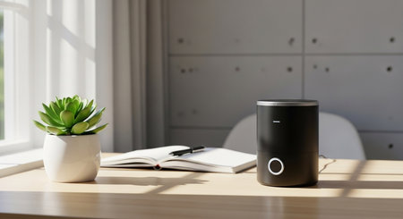 a serene workspace featuring a succulent, notebook, pen, and smart speaker bathed in soft window light indoorsの素材