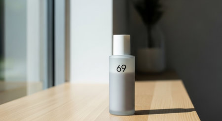 a bottle with the number sixty nine on it sitting on a wooden surface in a well lit room by a windowの素材