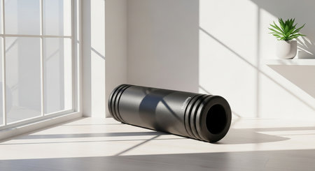 a black foam roller sits on a white surface near a window, with a plant on a shelf in a bright roomの素材